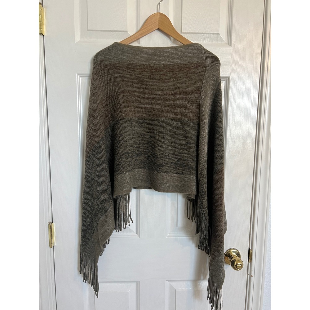 Jack & Missy Boho 70s Fringe Knit Poncho Taupe Gray Cozy Fall